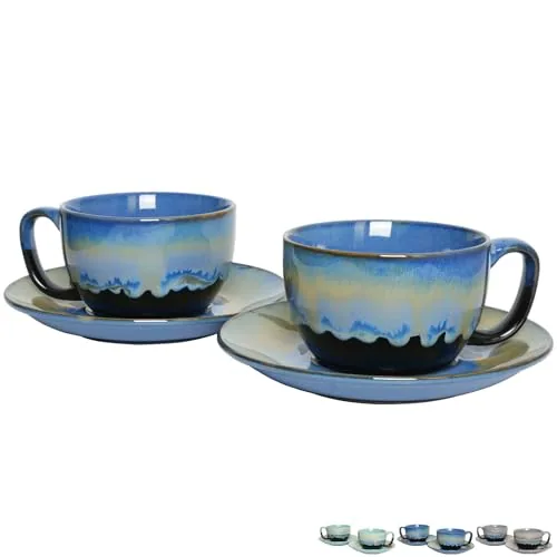 Reactive Cappuccino Cups & Saucers, 10 oz, Set of 2, Blue