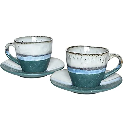 Reactive Cappuccino Cups & Saucers, 9 oz, Set of 2, Green