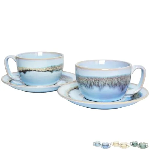 Reactive Cappuccino Cups & Saucers, 10 oz, Set of 2, Purple Blue