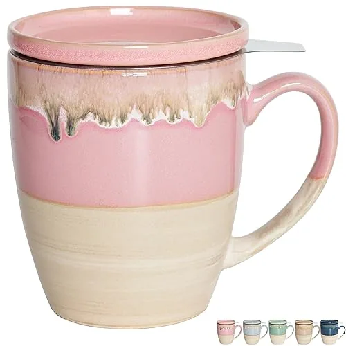 Reactive Tea Infuser Mug with Lid, 16 oz, Pink