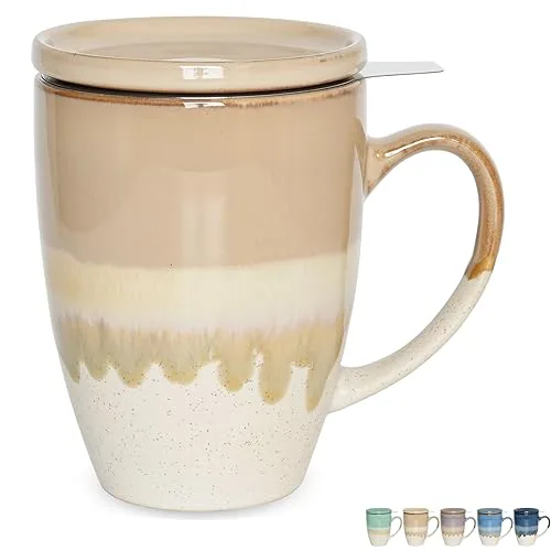 Reactive Tea Infuser Mug with Lid, 13.5 oz, Brown Grey