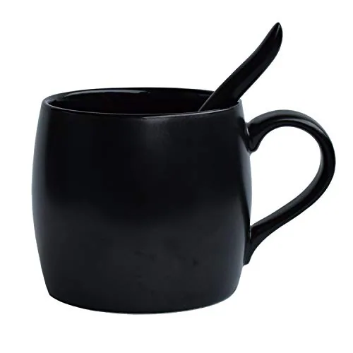 Matte Coffee Mug with Spoon, 14 oz, Black