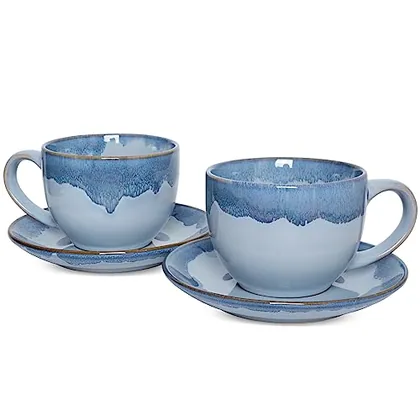 Reactive Cappuccino Cups & Saucers, 10 oz, Set of 2, Blue Waterdrop, cups & saucers