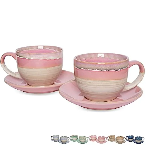 Reactive Cappuccino Cups & Saucers, 10 oz, Set of 2, Pink