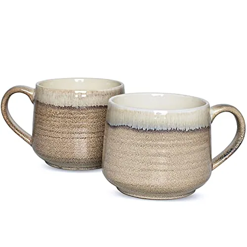 Wide Latte Mugs, 18 oz, Set of 2, Brown Grey